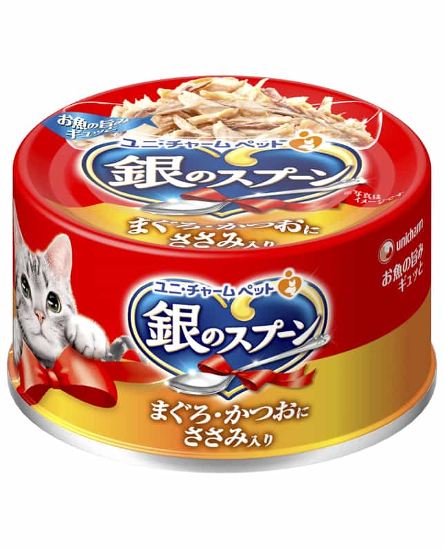 ユニ・チャーム 銀のスプーン缶 まぐろ・かつおにささみ入り 70g