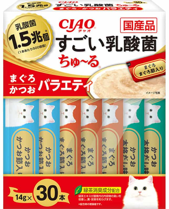 いなば CIAO すごい乳酸菌ちゅ～る まぐろ・かつおバラエティ 14g×30本（4901133453281）｜猫フード・おやつ（猫フード・おやつ）｜ペット総合通販サイト  ペテモオンラインストア「しあわせも、たいへんも、ずっと、いっしょに。」