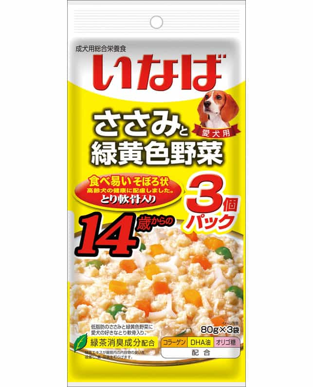 いなば ささみと緑黄色野菜 １４歳からのとり軟骨入り 80g×3袋（4901133617829）｜犬フード・おやつ（犬フード・おやつ）｜ペット総合通販サイト  ペテモオンラインストア「しあわせも、たいへんも、ずっと、いっしょに。」