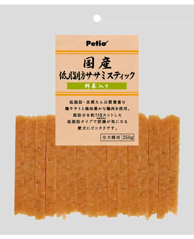 ペティオ 国産 低脂肪ササミスティック 野菜入り ２５０ｇ（4903588131080）｜犬フード・おやつ（犬フード・おやつ）｜ペット総合通販サイト  ペテモオンラインストア「しあわせも、たいへんも、ずっと、いっしょに。」