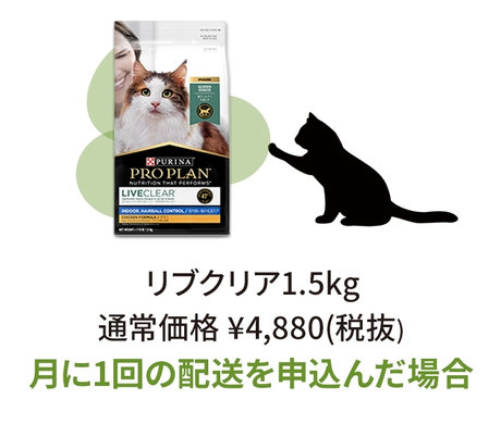例えば、リブクリア成猫用室内飼い猫の毛玉ケア1.5kg 月に1回の配送を申し込んだ場合 年間17,640円おトク