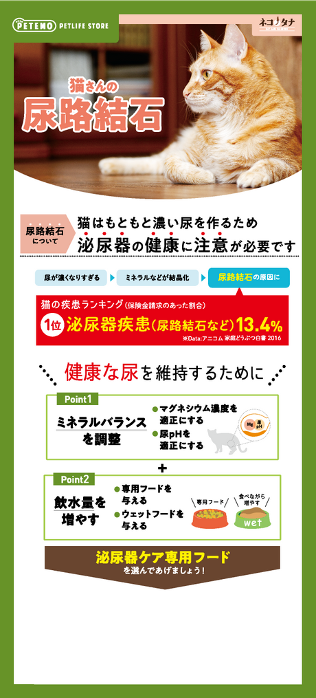 猫さんの尿路結石 尿路結石について 猫はもともと濃い尿を作るため泌尿器の健康に注意が必要です 尿が濃くなりすぎる→ミネラルなどが結晶化→尿路結石の原因に 猫の疾患ランキング(保険金請求のあった割合) 1位泌尿器疾患(尿路結石など)13.4% ※Data アニコム家庭どうぶつ白書2016 健康な尿を維持するために Point1 ミネラルバランスを調整 1.マグネシウム濃度を適正にする 2.尿pHを適正にする ＋ Point2 飲水量を増やす 1.専用フードを与える 2.ウェットフードを与える 泌尿器ケアフードを選んであげましょう！