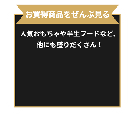 お買得商品をぜんぶ見る 人気おもちゃや半生フードなど、他にも盛りだくさん！